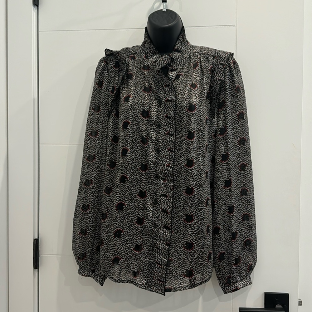 Black red and silver printed frilly Ba&sh see through blouse.